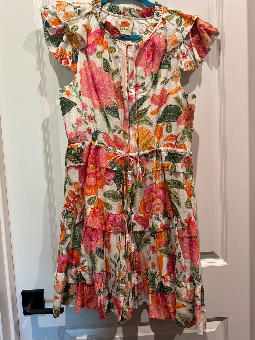 FARM Rio women’s Floral Ruffle Dress in Pink, Orange & Green size medium
